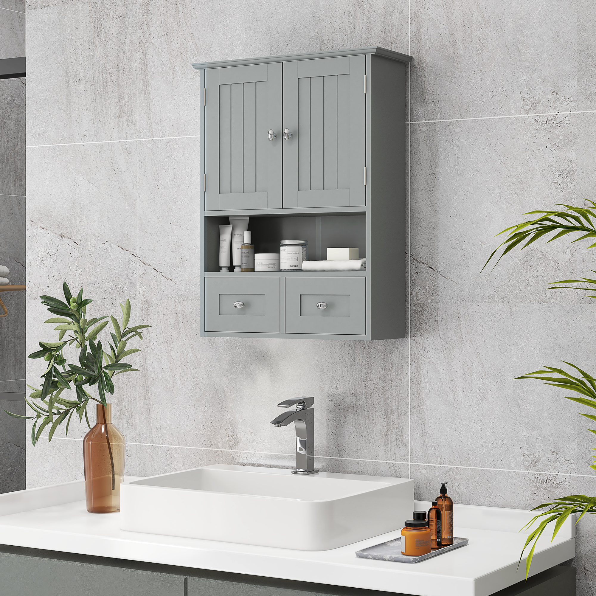 Kleankin Mobile bagno da parete con ante, mensola e 2 cassetti, 50,8x17,8x66 cm, Grigio   Aosom Italy