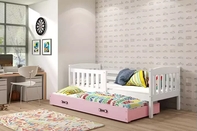 Kinderbett mit Zustellbett und Matratzen 80x190 BRIGID - Weiß / Rosa
