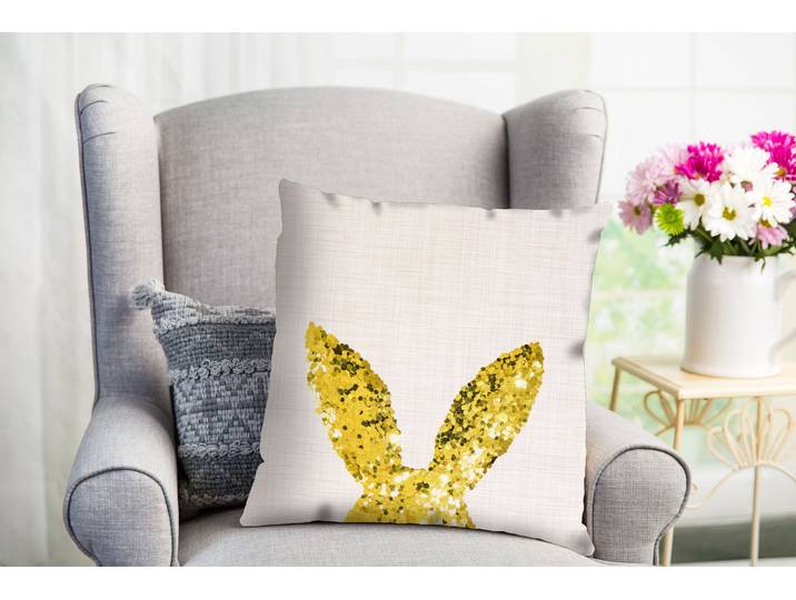 Dekokissen QUEENCE Benito , gold (goldfarben, bedruckt), B:40cm L:40cm, Polyester, Dekokissen_Sitzkissen_Kissenhüllen, Dekokissen, süßer Hase