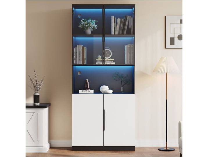 Vitrine 80x30x200 cm avec LED portes en verre trempé rangement multifonction blanche