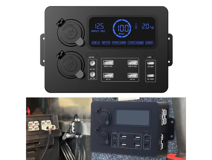 Airies de commande portable avec lumières LED, boîtier d'alimentation à écran LCD 100W, mini adaptateur de boîtier d'alimentation 12V pour camping-cars, SUV, bateaux