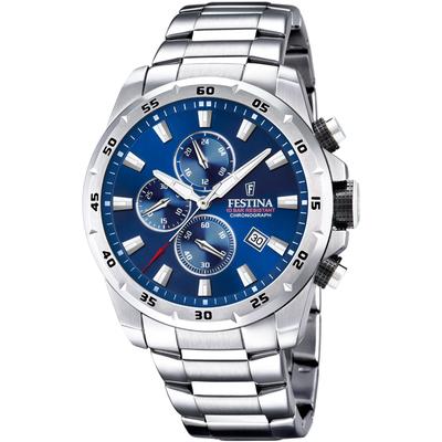 Chronograph FESTINA "Chronograph Sport", silber (silberfarben, blau, blau), Armbanduhren, Herren, silberfarben, Chronograph, Armbanduhr, Quarzuhr, Herrenuhr, Stoppfunktion, Edelstahlarmband