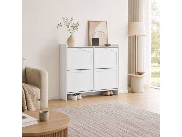 ELVORIN meuble chaussures 110 x 90 x 24 cm blanc en panneau de particules avec rangement basculant