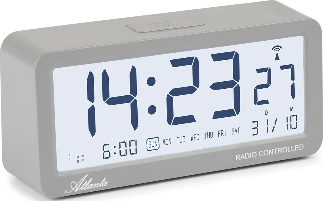 Funkwecker ATLANTA "1879-4", grau, Wecker, Funkwecker, Digitalwecker, Schlafzimmer, Wohnzimmer, Büro, Wochentag, Datum
