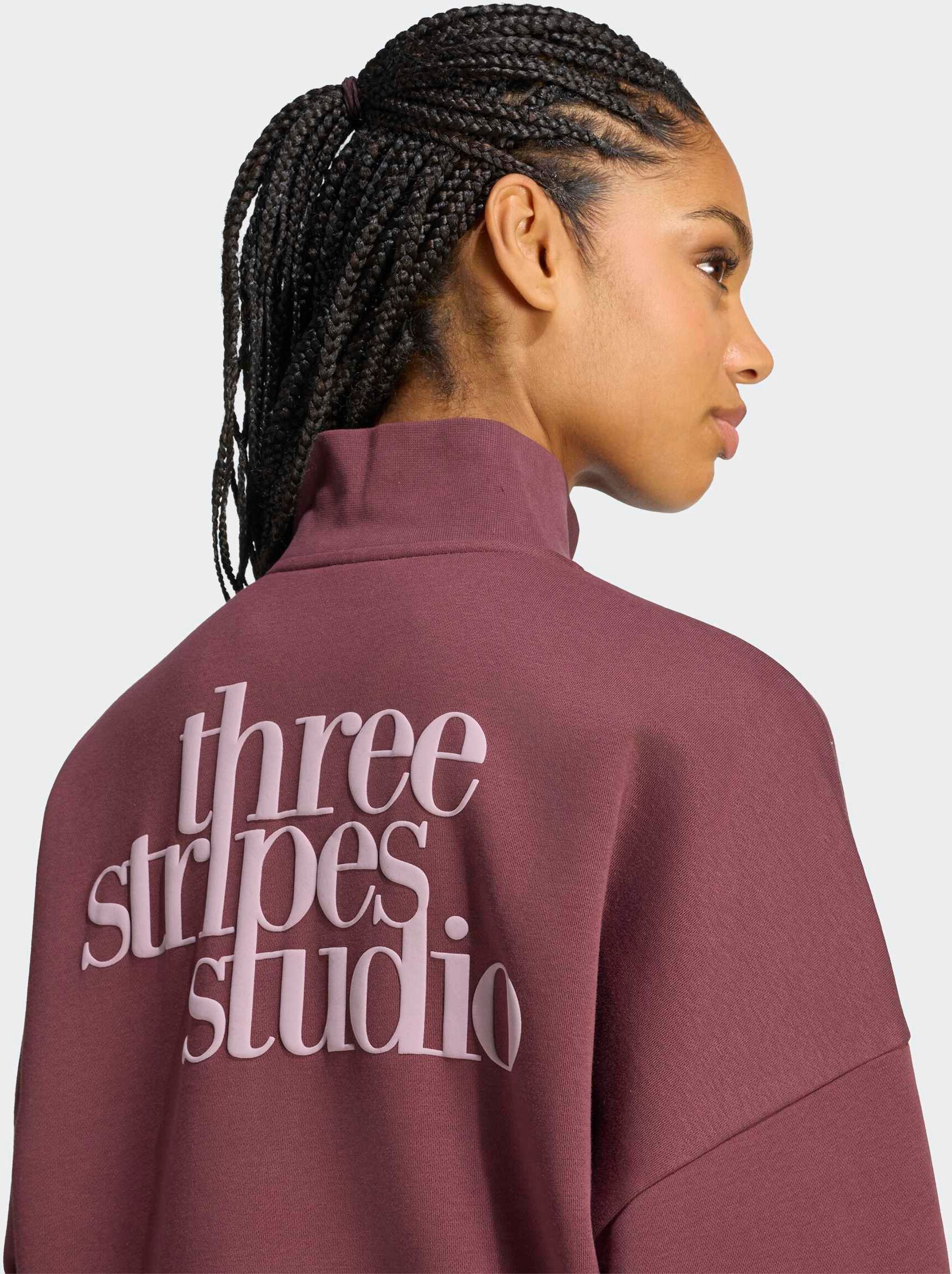 Sweatshirt ADIDAS SPORTSWEAR "3-STREIFEN STUDIO FLEECE, REISSVERSCHLUSS BIS ZUR BRUST", Damen, Gr. XS, braun (magic mauve), Obermaterial: 80% Baumwolle, 20% Polyester, Rundhals, angesetztes Bündchen, Sweatshirts Sweatshirt magic mauve XS