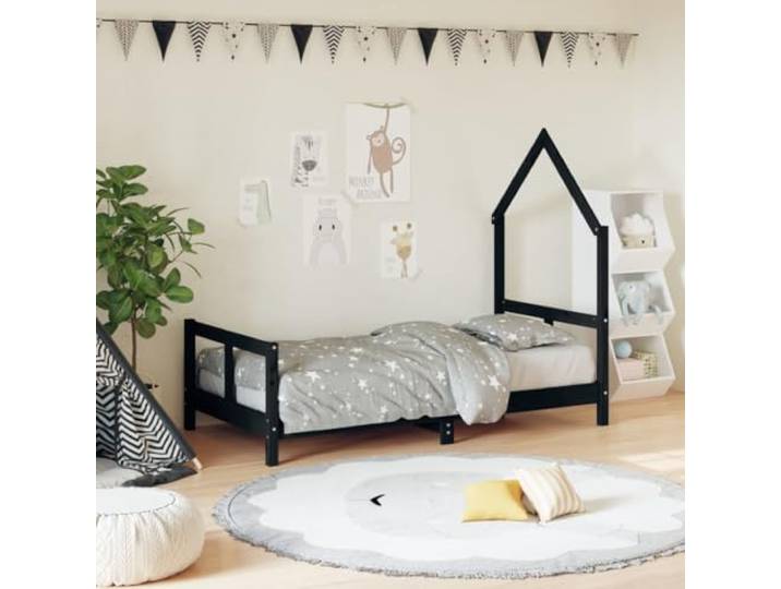 LPERTGFHU Kinderbett Massivholz Kiefer 80x160 cm Schwarz Hausform Rustikale Optik, Stabiler Lattenrost, Fördert Kreativität, Einfacher Einstieg