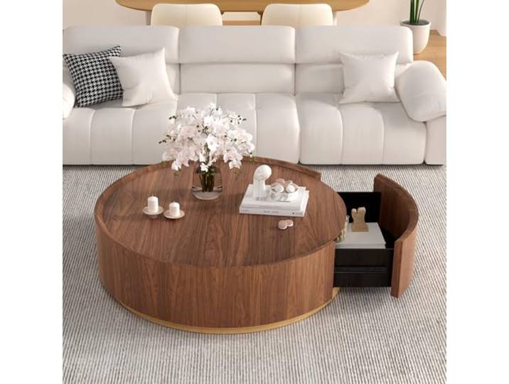 DYHQQ 35,43 Zoll (ca. 90 cm) Couchtisch im Mid-Century-Modern-Stil mit großen Schubladen, trommelförmiger Couchtisch im Mid-Century-Modern-Stil mit verstecktem Stauraum, für Wohnzimmer,A