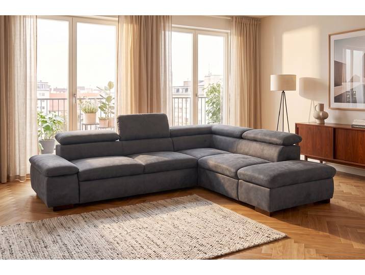 Ecksofa, 272x226 cm, Luxus-Microfaser, Anthrazit, Mit Bettfunktion, Vintage, Home-affaire