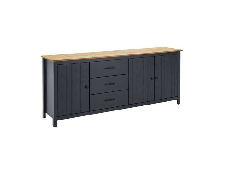 TINA - Buffet Bas 3 Portes 3 Tiroirs Bois Ciré et Bleu Pétrole