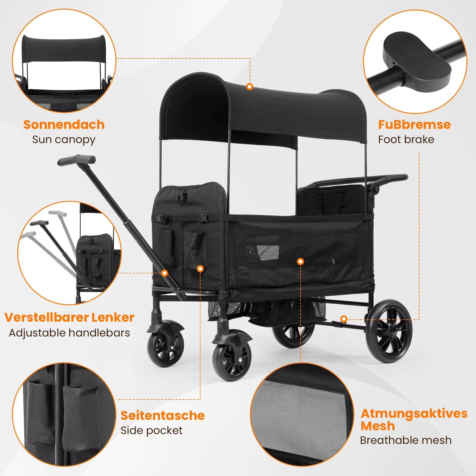 Faltbarer Geschwisterwagen - Doppelsitz-Kinderwagen - Für 2 Kinder - 5-Punkt-Gurt - Sonnenverdeck - Ablage - Verstellbarer Schiebegriff