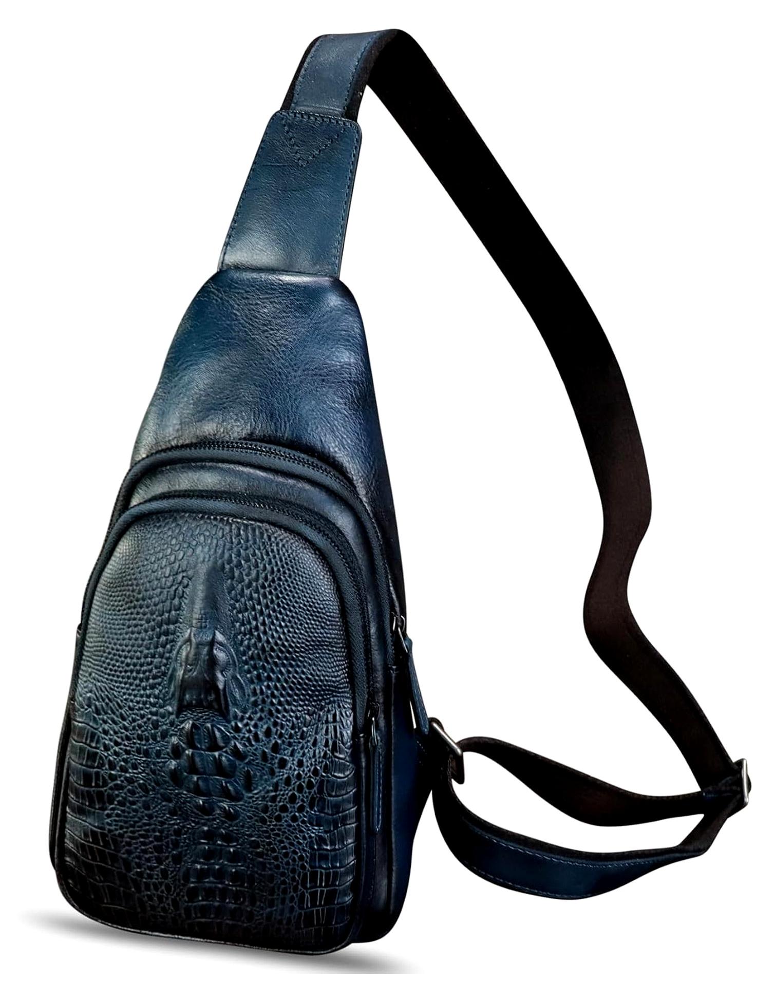Silng Tasche aus echtem Leder für Damen und Herren, Echtleder, Schultertasche, Umhängetasche, Marineblau, Medium, Sling-Rucksäcke