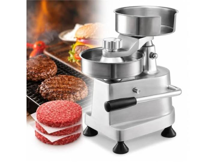 SYSXLT Kommerzieller Hamburger-Patty-Maker, manuelle Fleisch-Patty-Presse Schüssel aus lebensmittelechtem Edelstahl, mit Patty-Papieren, leicht zu reinigen(13cm)