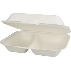 200 Bio Menüboxen Außerhaus Klappboxen Bagasse/Zuckerrohr Premium 2-geteilt 24x20x8cm