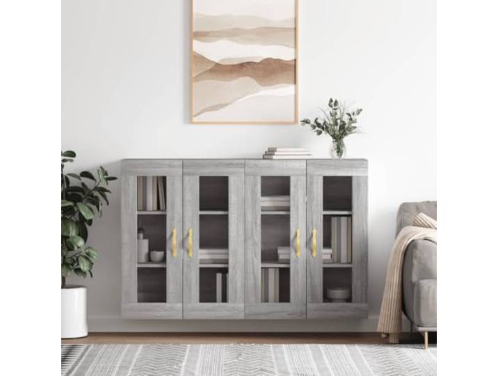 2 Pack Wall Mounted Storage Cabinet in Grey Sonoma Wood, Hanging Shelf Grey Sonoma finish, wall mount design, glass door display, versatile sideboard topper, spacious interior