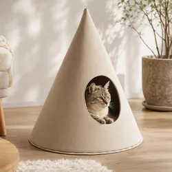 Tierbett MCW-Q62 für Hunde/Katzen, Katzenkörbchen Hundekorb Kegel, Stoff (260g/m2) Filz 60x53x53cm ~ beige