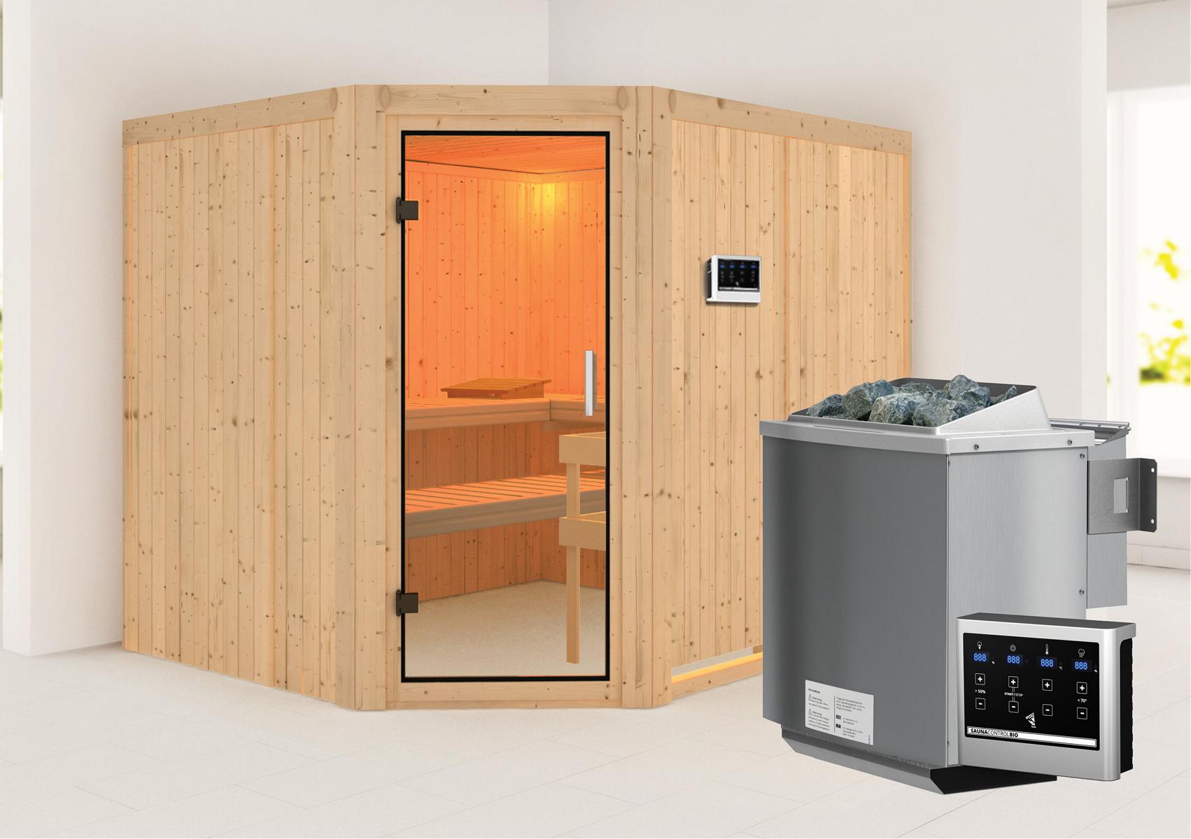 KARIBUHOLZT Sauna Malin Eck, 9kW Bio ext. Strg klarglas GGT 16879849