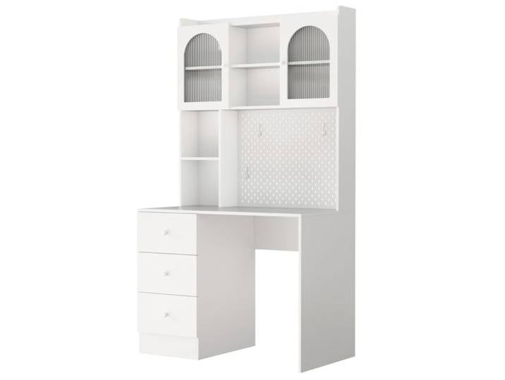Bureau multifonction 180 cm avec meuble haut intégré panneau perforé 3 tiroirs MDF blanc FOLYNA