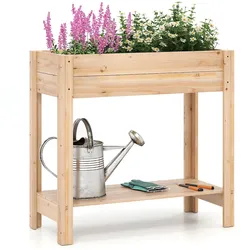 COSTWAY Hochbeet mit Ablage & Drainagefächern, erhöhtes Gartenbeet Holz, Pflanzkasten, Gemüsebeet, Kräuterbeet 81x38x77cm Natur