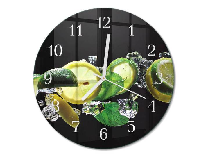 Tulup Wanduhr fi30 cm - Zitrone und Limette, Grün, Glas, Rund, 30x30x0.4 cm, Dekoration, Uhren, Wanduhren