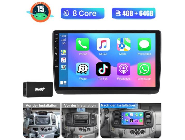 A-Sure DAB+ CarPlay GPS Android 15 Für Renault Trafic VIVARO A 2001–2009 Autoradio (Digitalradio (DAB), Carplay Android Auto Bluetooth EQ USB GPS SWC WIFI Touchscreen)