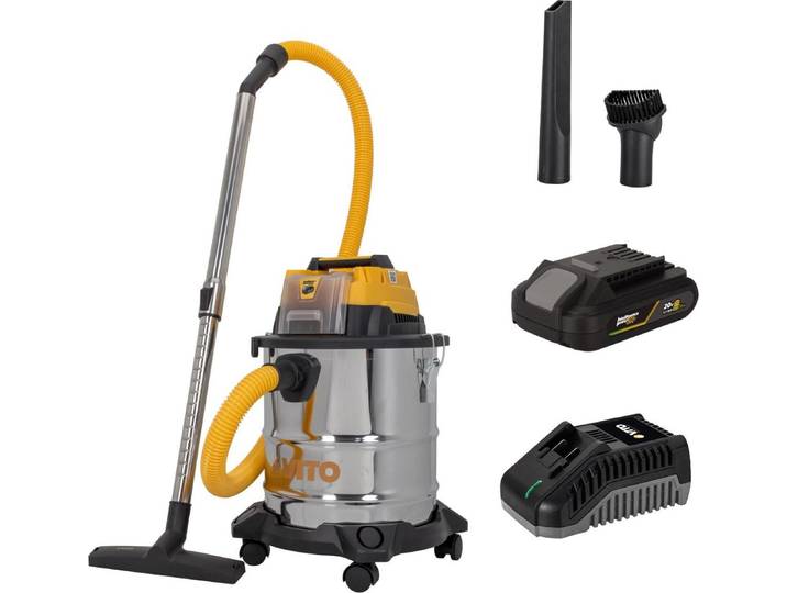 Aspirateur 20V Sans fil Eau et Poussières Cuve Inox 20L + Batterie lithium 2Ah VITO