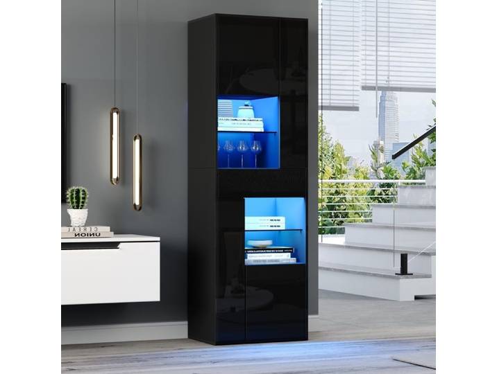 Vitrine avec 1 tiroir et 4 compartiments vitrine en verre avec éclairage LED noire