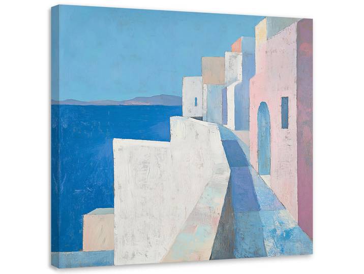 Feeby Leinwandbild Pastellgebäude Meereslandschaft Blau 60x60cm, Landschaft/Berg, Quadratisch, 60x60 cm, Bilder & Rahmen, Bilder, Leinwandbilder