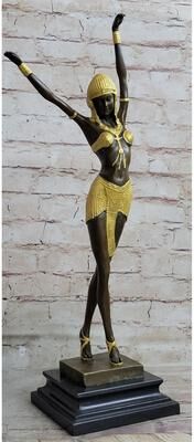 Bronzhaus Signed Gold Patina Tall Chiparus Lady Bronze Sculpture On Marble Base Figurine