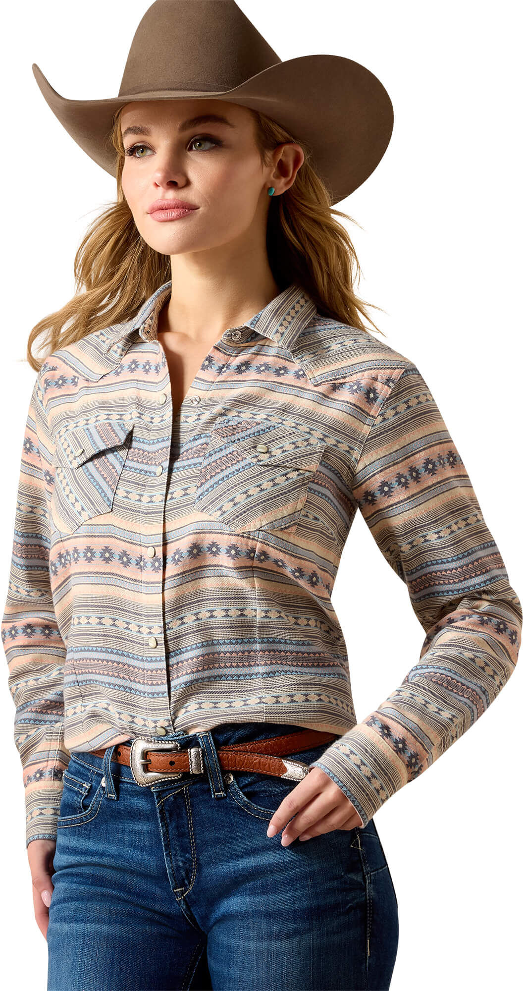 Women's Arizona Western Snap Shirt in Ombre Blue Southwest, Size: XL by Ariat