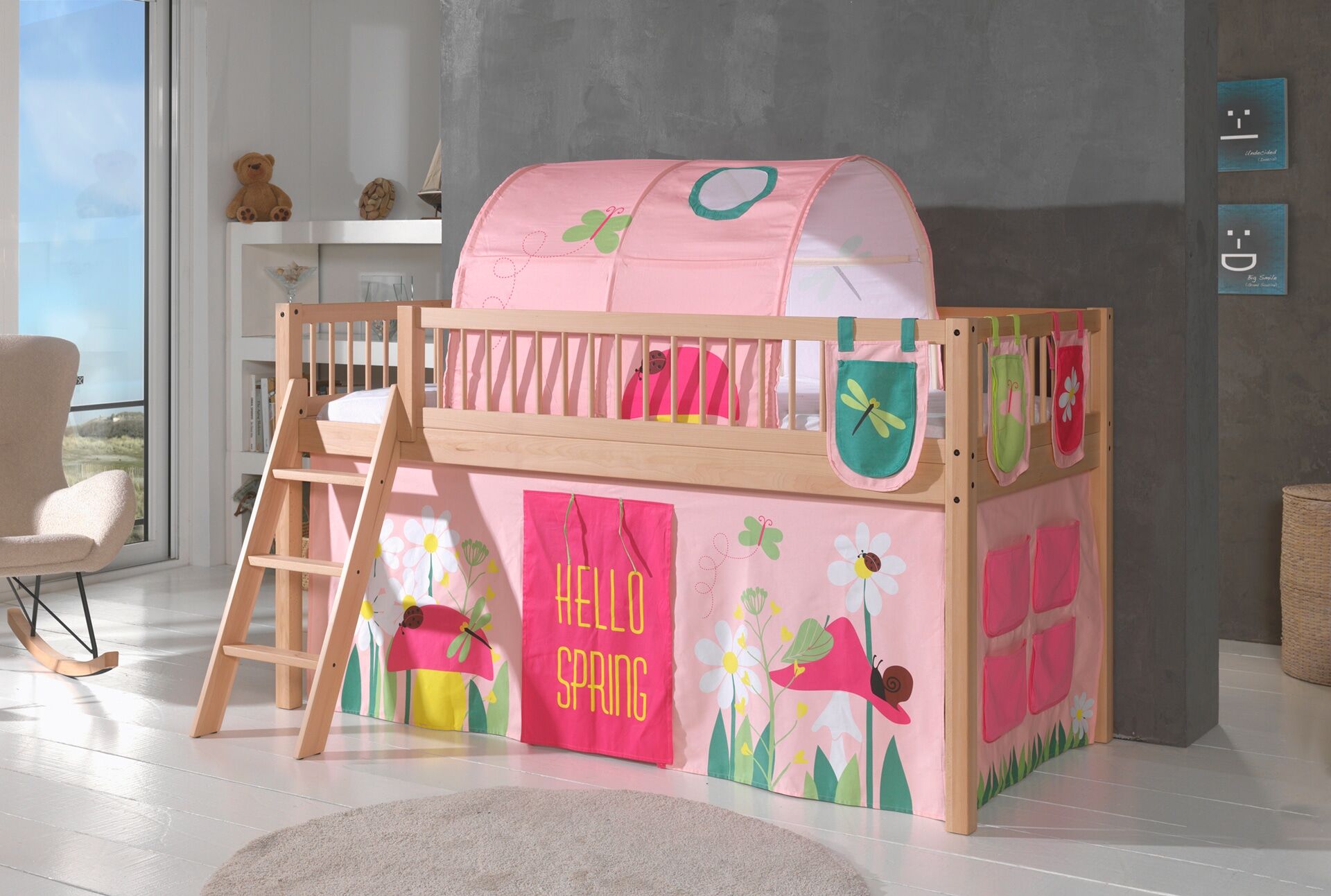 Spielbett VIPACK "Forrest, Absturzschutz mit Sprossen-Optik, Pfostenstärken ca. 50x50mm", rosa (buche natur lackiert, buche natur lackiert, buche natur lackiert), B:135,5cm H:114cm L:207,5cm, Betten, Spielbett, 90/200 cm, Spielbereich unter dem Bett, 2 Te