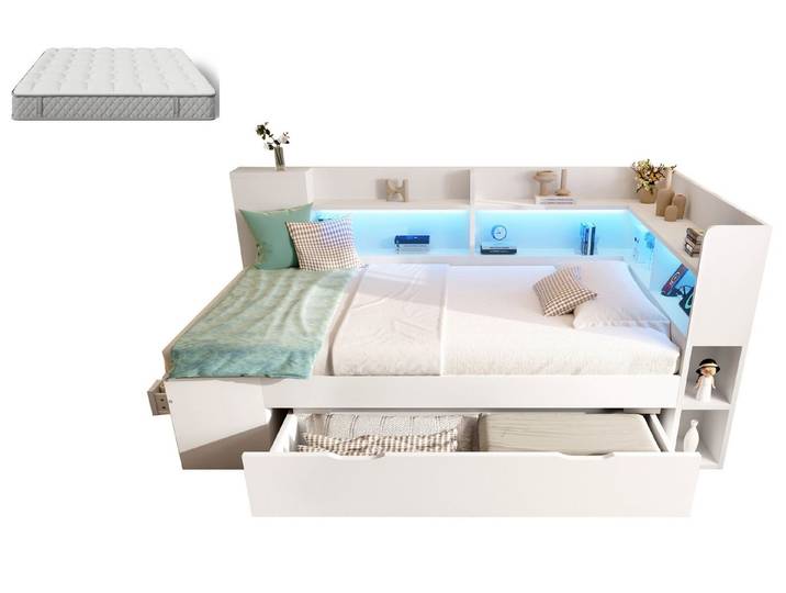 SeedWave Daybett Holzbett mit LED-Beleuchtung, USB/Type-C Anschlüssen & Stauraum, 140×200cm Tagesbett inkl. Matratze, Schnellladefunktion
