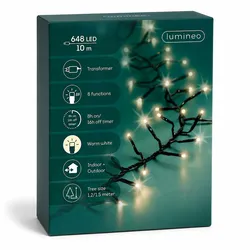 Lumineo LED Lichterkette Excellent 10m Twinkle Effekt 648 LEDs 8 Funktionen Timer Innen Außen Weihnachtsbeleuchtung Baumbeleuchtung Warmweiß Schwarz