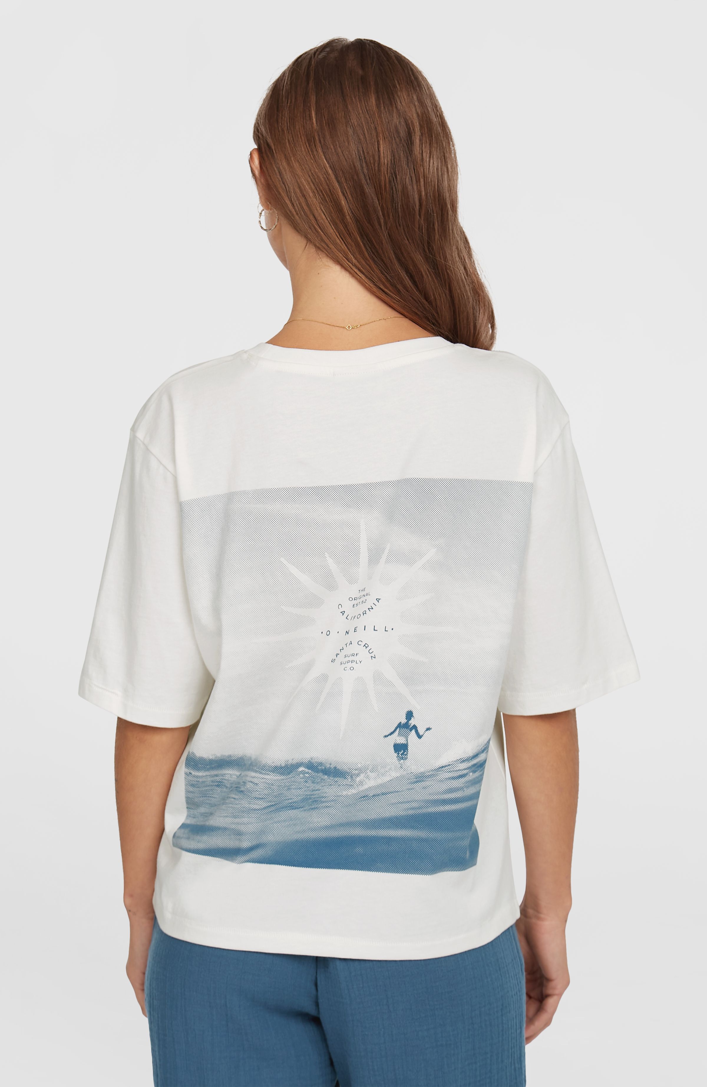 T-Shirt O'NEILL "SUMMER MUSTHAVES BACK PRINT T-SHIRT", Damen, Gr. XS (34), weiss (snow weiß), Obermaterial: 100% Baumwolle, Shirts T-Shirt, mit wasserbasierten Prints auf Brust und Rücken, lockere Passform snow weiß XS (34)