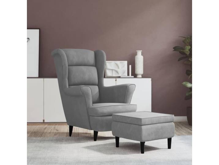 Fauteuil à oreilles - KEENSO - KN005 - Gris clair - Velours - Avec tabouret