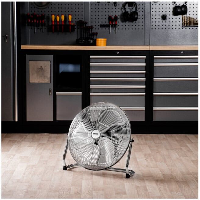 Ventilateur STIER, 145 W, ventilateur de plancher aspect métallique, diamètre 50 cm, 3 niveaux de ventilation, pour intérieur et extérieur, ventilateur puissant (903411)