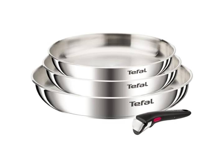 Batterie de cuisine Tefal Poêle inox avec poignée amovible brevetée - Gain de place par empilage - Cuisson précise pour repas complets au quotidien