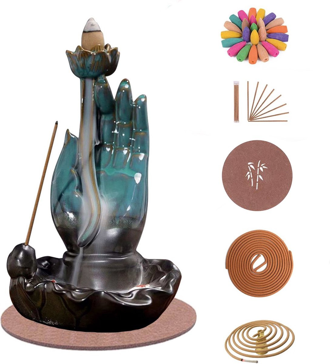LotaHome Wierook Waterval Wierookbrander Set - Turquoise - Inclusief 120 Geur Kegels, 30 Wierook Stokjes, 40 Wierook Spiralen, Onderlegger en Spiraal Houder