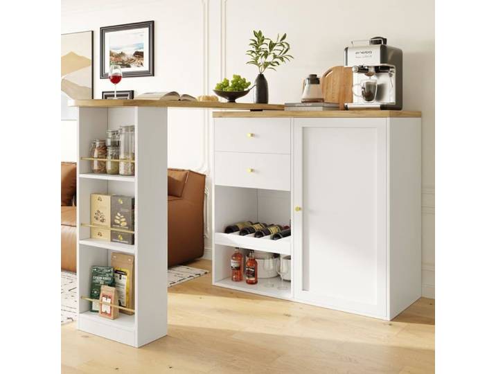 Table à Manger Pivotante avec Armoire de Rangement - Table de Bar Extensible-Bar Cuisine avec Espace de Rangement-Buffet - Blanc