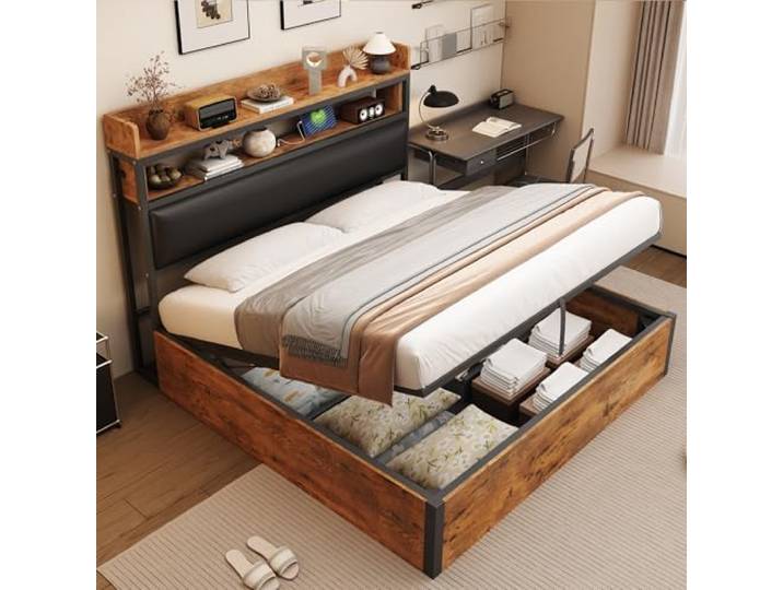 Merax Bettgestell 180x200, Hydraulisch Holzbett mit großem Stauraum, gepolstertem Kopfteil mit Ablage, USB-Ladeanschlüssen, Holz-Metall-Design, Schwarz (Ohne Matratze)