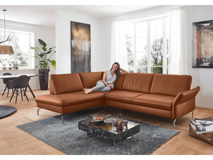 Ecksofa Wilcolo mit Ottomane Braun Echtleder Tomma 279 x 89 x 220cm Ottomane davorstehend links Keine Funktion Modern