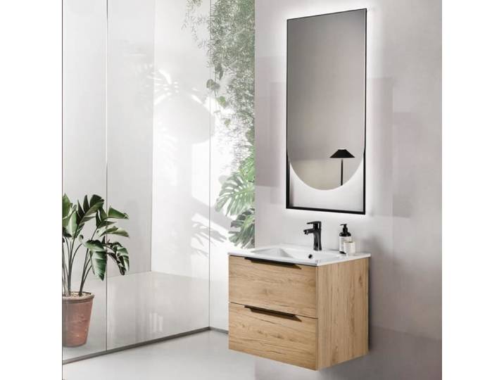Meuble de salle de bain suspendu - BALI - Chêne naturel - 60 cm - Avec miroir lumineux LED