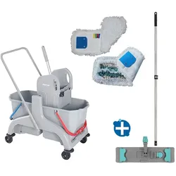 Reinigungswagen Bayersan im Set mit Presse 2x25 L 50 cm inkl. Laschen Mophalter 50 cm, 2 Möppe 50 cm, Teleskopstiel