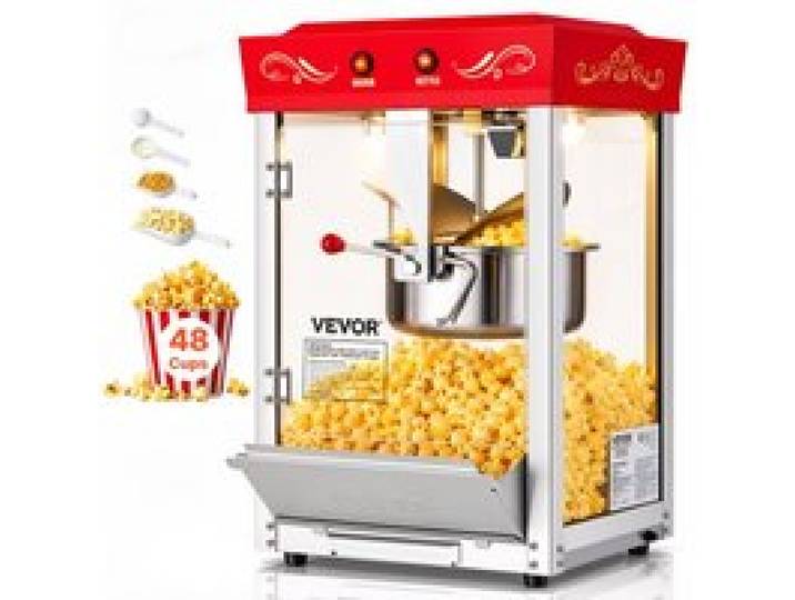 VEVOR Popcornmaschine mit Edelstahlkessel, 800 W kommerzieller Popcornmaker, 48 Tassen pro Ladung, Kinostil, mit 2-Tasten-Bedienung, Glaswand, PC-Tür, 1 Portionierer, 3 Löffel, Rot