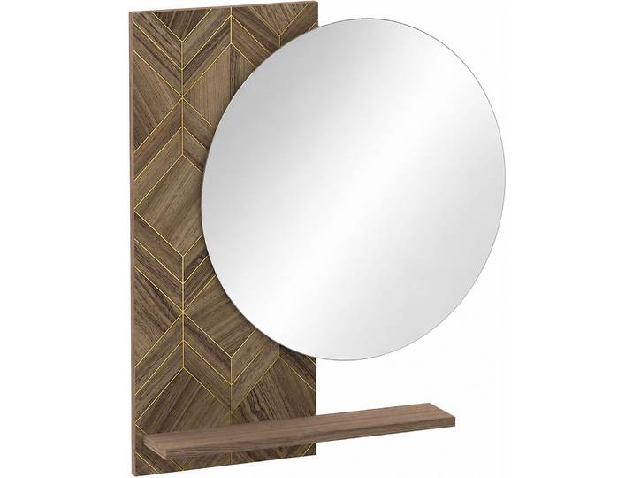Spiegel SCHILDMEYER Glenn, mit Ablage & Paneel in Art-Déco Design, Made in Germany , braun (nussbaum matt, nussbaum art, déco), B:65cm H:75cm T:11,2cm Ø:55cm, Holzwerkstoff, Spiegel, Spiegel, Rückwandpaneel Art-Déco-inspiriertes Design, Made in Germany