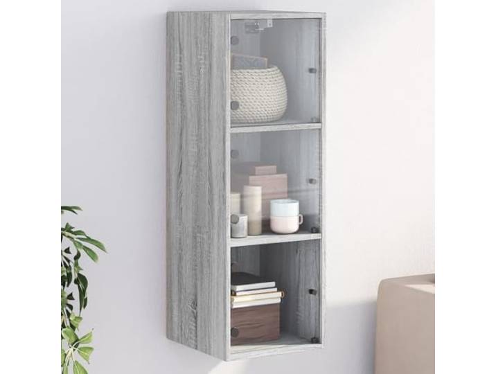 HPUYRFG Wandschrank mit Glastueren Grau Sonoma 35x37x100 cm Mit Glastüren, Holzwerkstoff, Feuchtigkeitsresistent, mehrere Fächer, Wandmontage, Büro oder Wohnraum