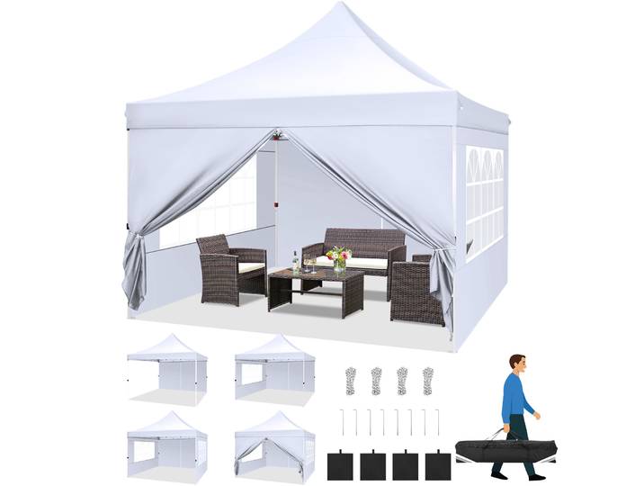 Tente d'auvent Pop Up 10x10 avec 4 parois latérales, tente de fête commerciale Ez, Gazebo instantané extérieur étanche UV 50 + abri pour événements