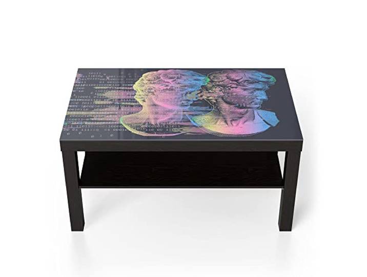 DEQORI Glastisch schwarz groß 90x50 cm Motiv Kopf des David in Pastell ausgefallener Beistelltisch aus Glas Hochglanz Couchtisch fürs Wohnzimmer moderner Couch Tisch mit Design