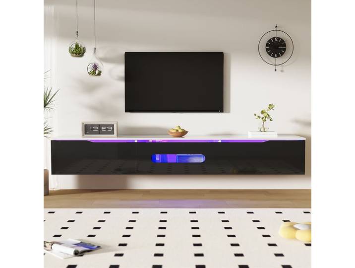 Armoire TV Elégante avec Lumière LED Haute Brillance Meuble TV Suspendu Au Mural 3 Portes Noir 180x35x30cm