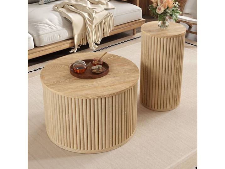 Ensemble de 2 Tables Basses Gigognes Rondes Bois Naturel – Design Cylindrique Cannelé Style Nordique Élégant