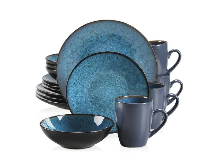 VANCASSO BUBBLE Ensemble de vaisselle 16/32 pièces Ensemble de grès vintage en céramique bleu/marron avec assiette à dîner et à dessert, bol, tasses à café